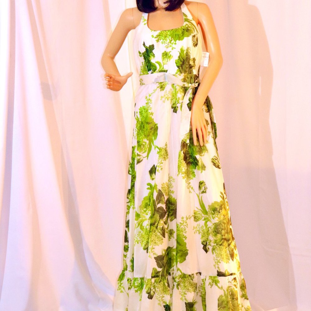 Kay Unger White & Green Floral Halter Neck Dress
